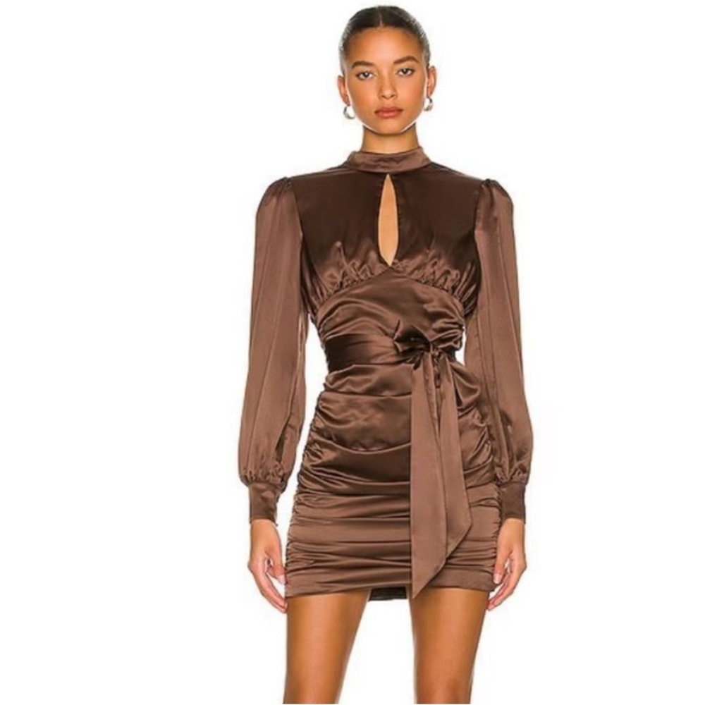 Majorelle Revolve brown satin cocktail dress